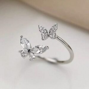 elegant silver butterfly adjustable ring sparkling crystal open ring for women